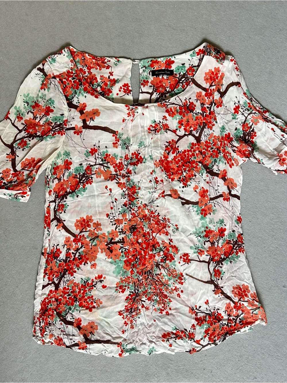Massimo Dutti White Short-Sleeve Top with Red Floral Print